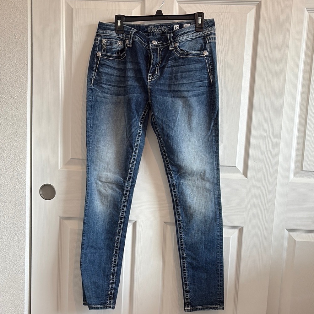 Miss Me Blue Skinny Jeans with Modern Distressing